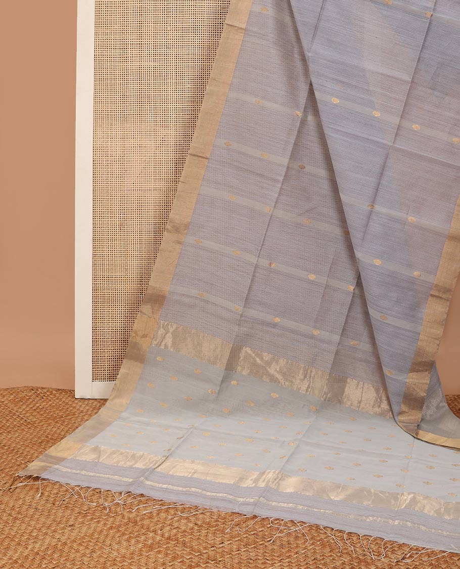 Grey striped, round motifs maheshwari cotton saree with self zari border & round motifs, striped pallu