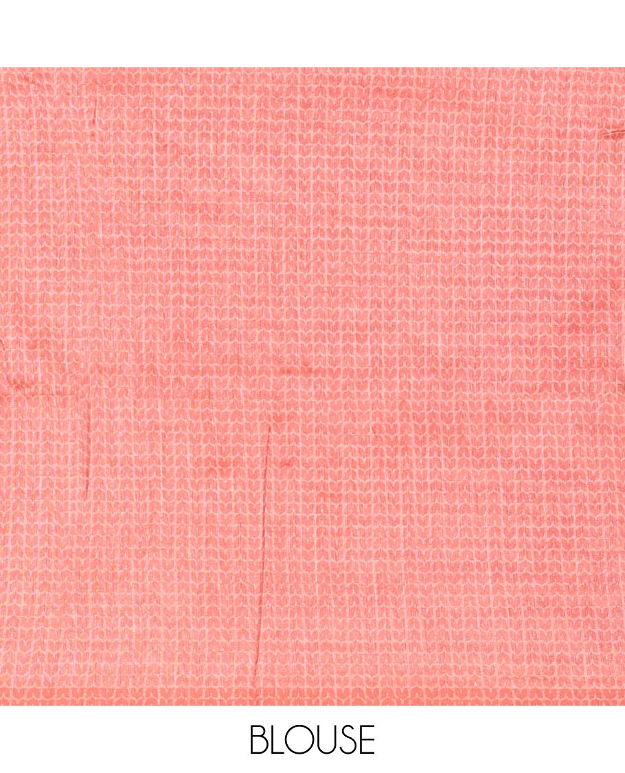 Grey and Orange Semi-Tussar Saree, Beautified with Geometric Patterns Printed All Over Its Body, Complemented by a Captivating Contrast One-Sided Border of Unique Print, and Paired with a Contrast Blouse