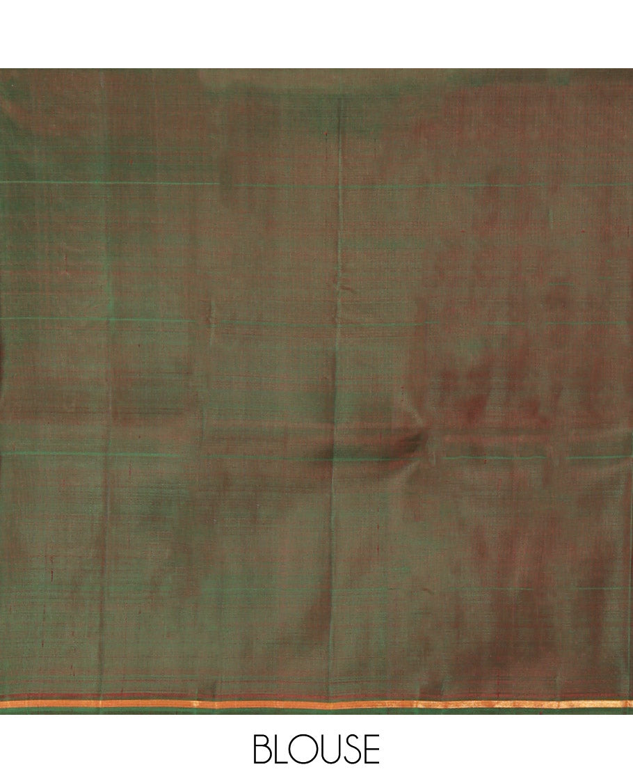 Borderless Red Kanchipuram Silk Saree, Accentuated with Big Decorated Square Buttas Enclosed Checks on its Body, Complemented by a Contrast Pallu of Jaal Designs, and Paired with a Contrast Blouse