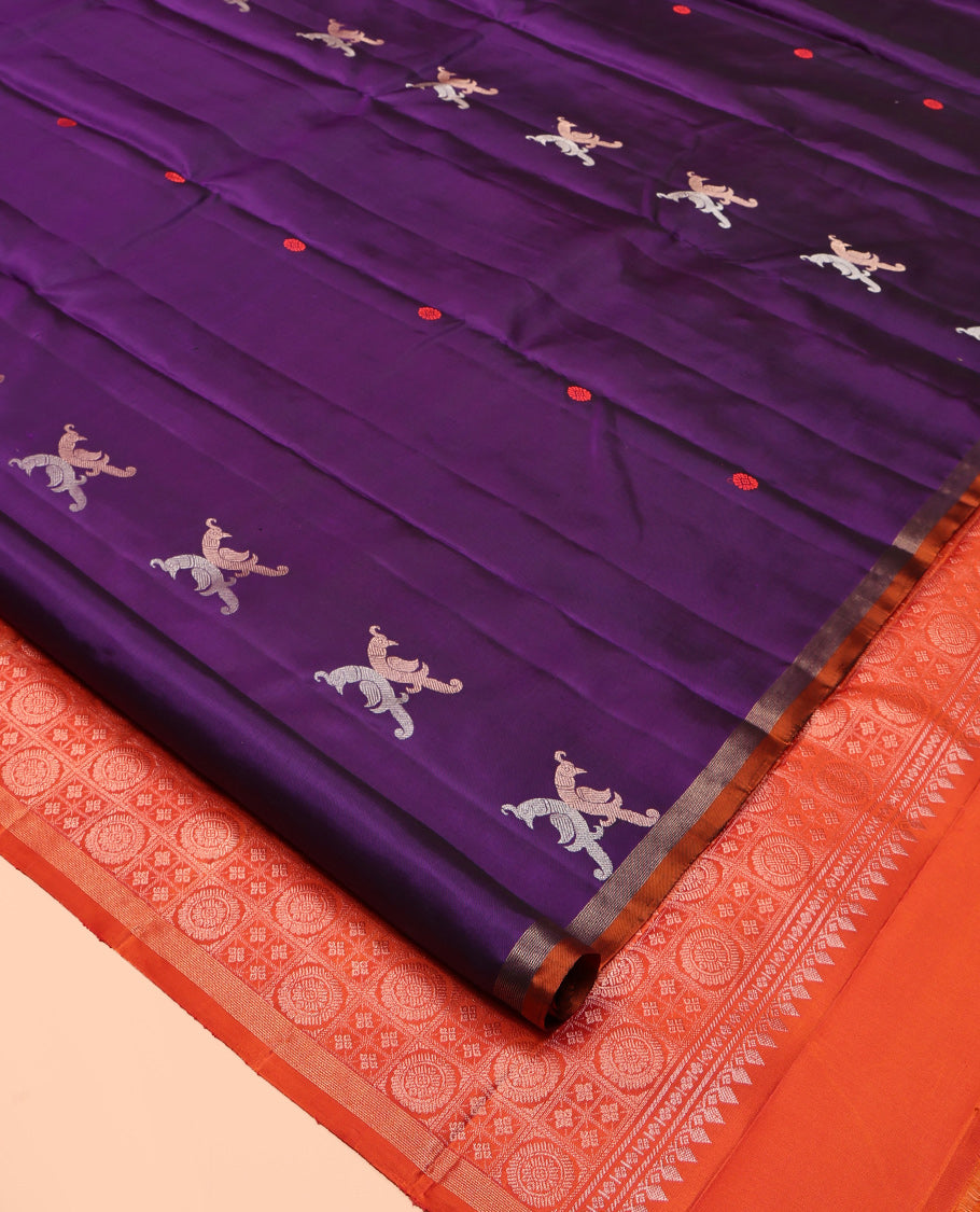Violet Kanchipuram Silk Saree, Adorned with Kili Buttas, a Contrast Border, Grandly Woven Chakram Motifs Steeped Pallu, and a Contrast Blouse