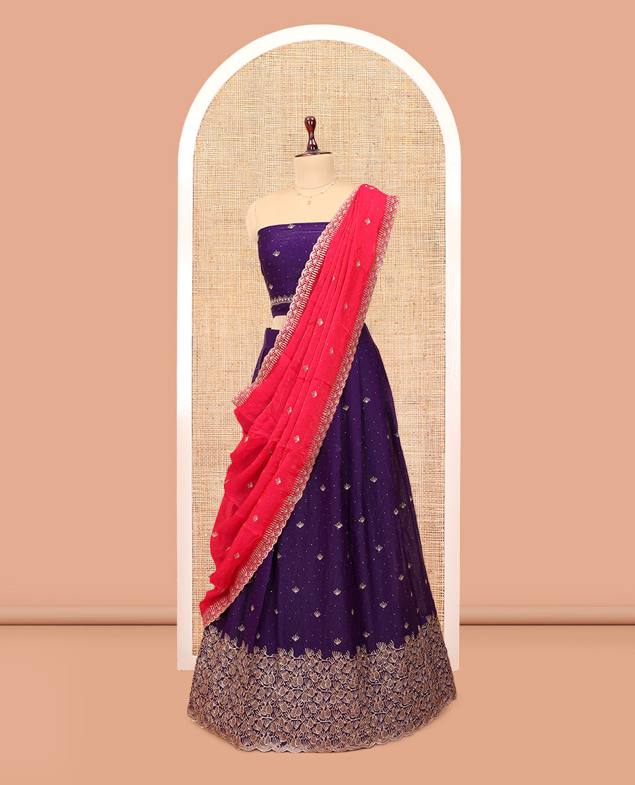 Violet Banarasi Half-Saree, Majestically Detailed with Embroidered Skirt, a Floral Embroidered Border, a Matching Blouse, and Contrast Scallop Embroidered Dupatta