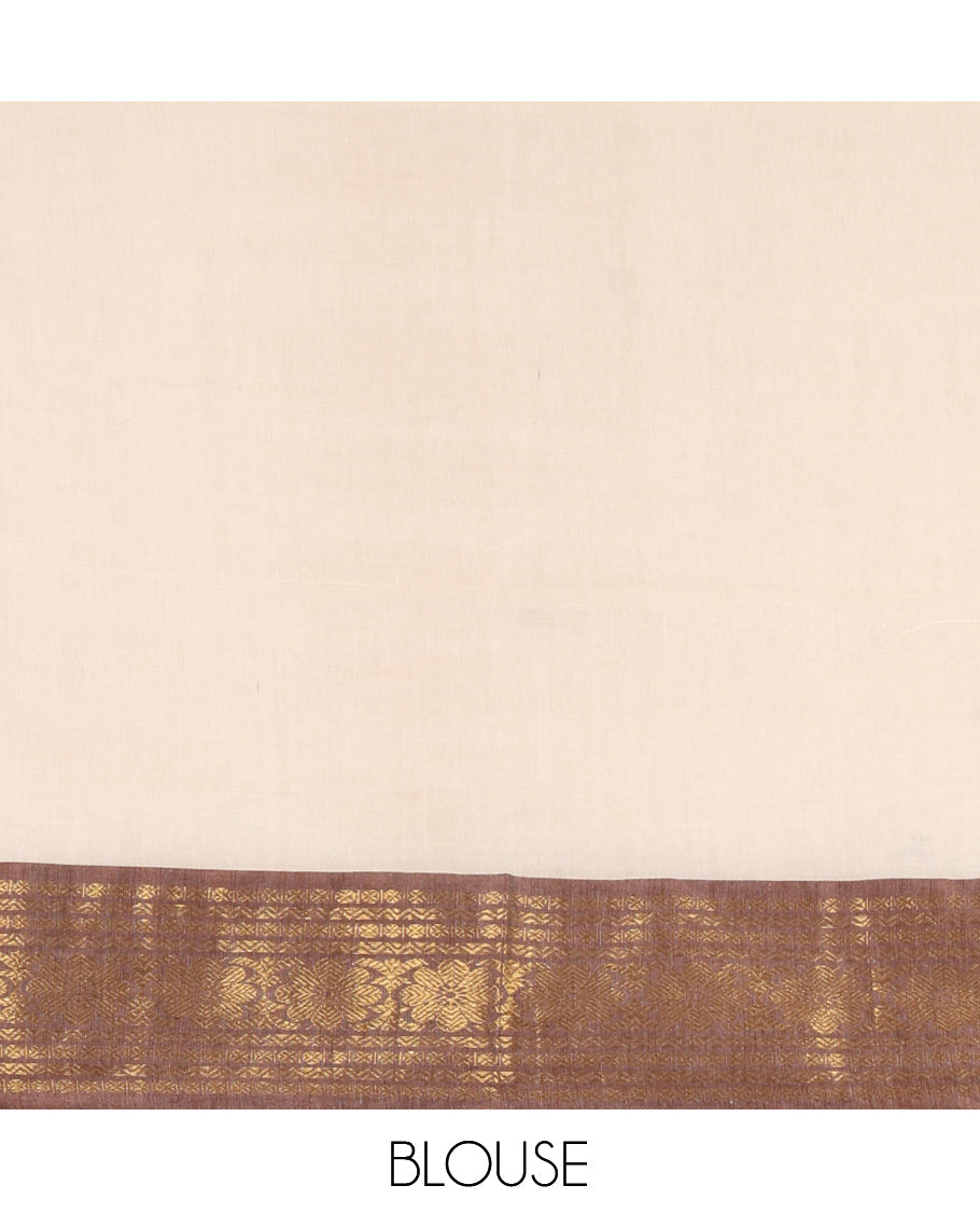 Cream Plain Khadi Mul Cotton Saree, Complemented by a Contrast Rudraksham-Floral Border, a Self-Pallu, and No Blouse