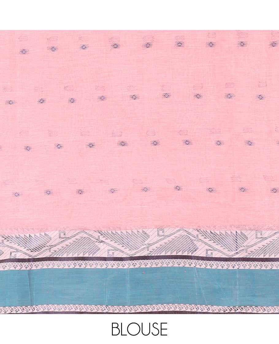 Light Pink Bengal Cotton Saree, Subtly Sparkled with Thread Buttas on Its Body, Complemented by Contrast Thread Border of Floral Creeper Designs, Pallu of Stripes and Buttas, and Paired with a Matching Blouse