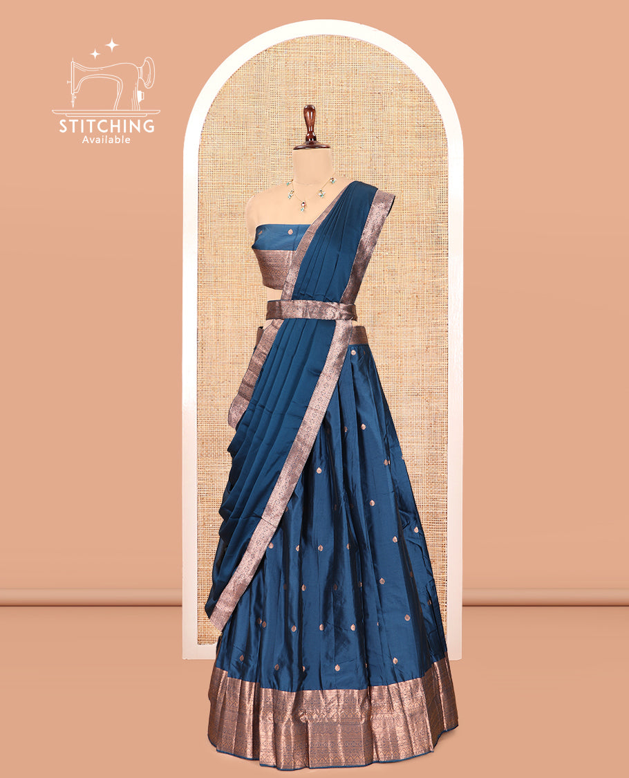 Peacock Blue Semi-Silk Half-Saree, Detailed with Zari Buttas Skirt, a Matching Blouse, and a Zari Design Dhavani