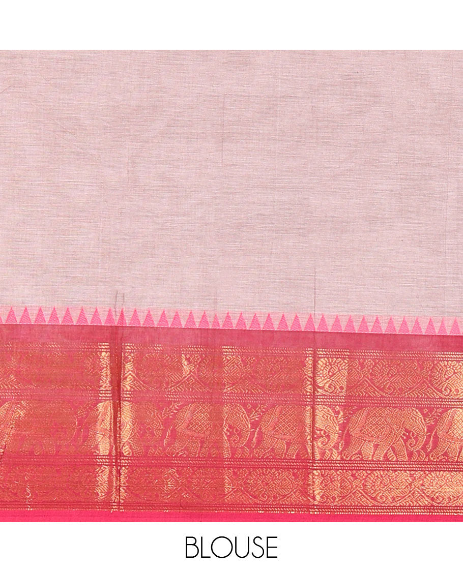 Grey Plain Chettinad Cotton Saree, Complemented by a Captivating Contrast Traditional Temple Border of Peacock-Elephant Designs, Subtly Striped Pallu, and Paired with a Matching Blouse
