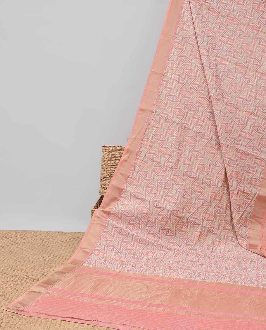 Peach geometric design dola silk saree with self border & zari design pallu