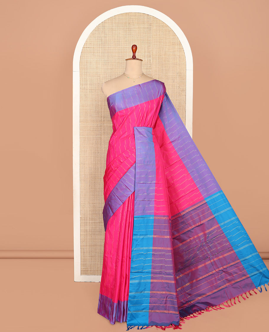 Pink Aarani Silk Saree, Accentuated with Zari Stripes on Its Body, Complemented by a Contrast Zari Striped Border, Pallu of Zari Stripes, and Paired with a Contrast Blouse