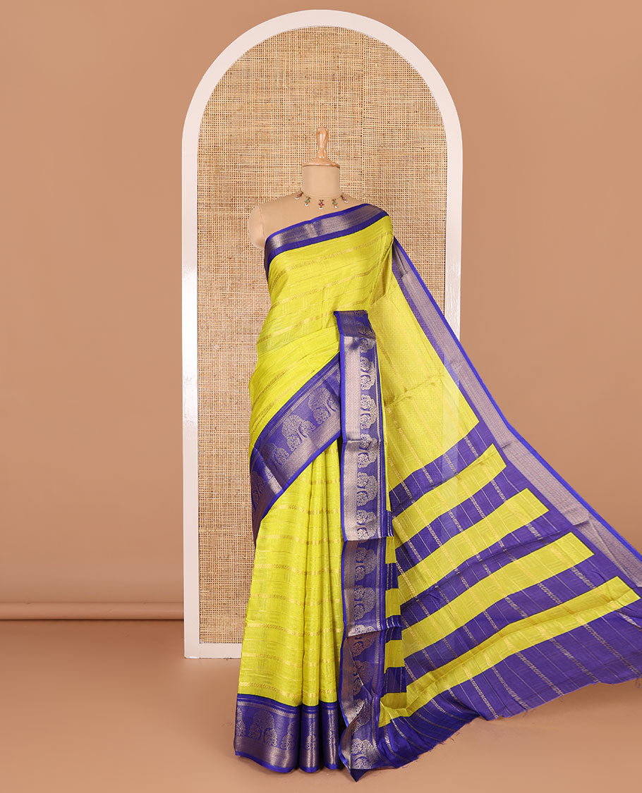 Yellow traditional zari design dola silk saree, contrast tree of life and peacock design border, zari design pallu, and contrast zari woven blouse