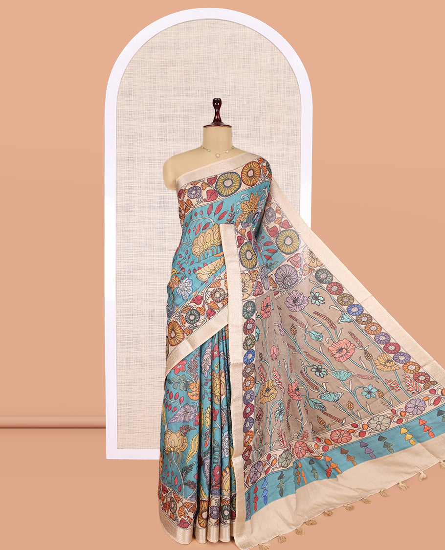 Blue Kalamkari Printed Fancy Tussar Saree