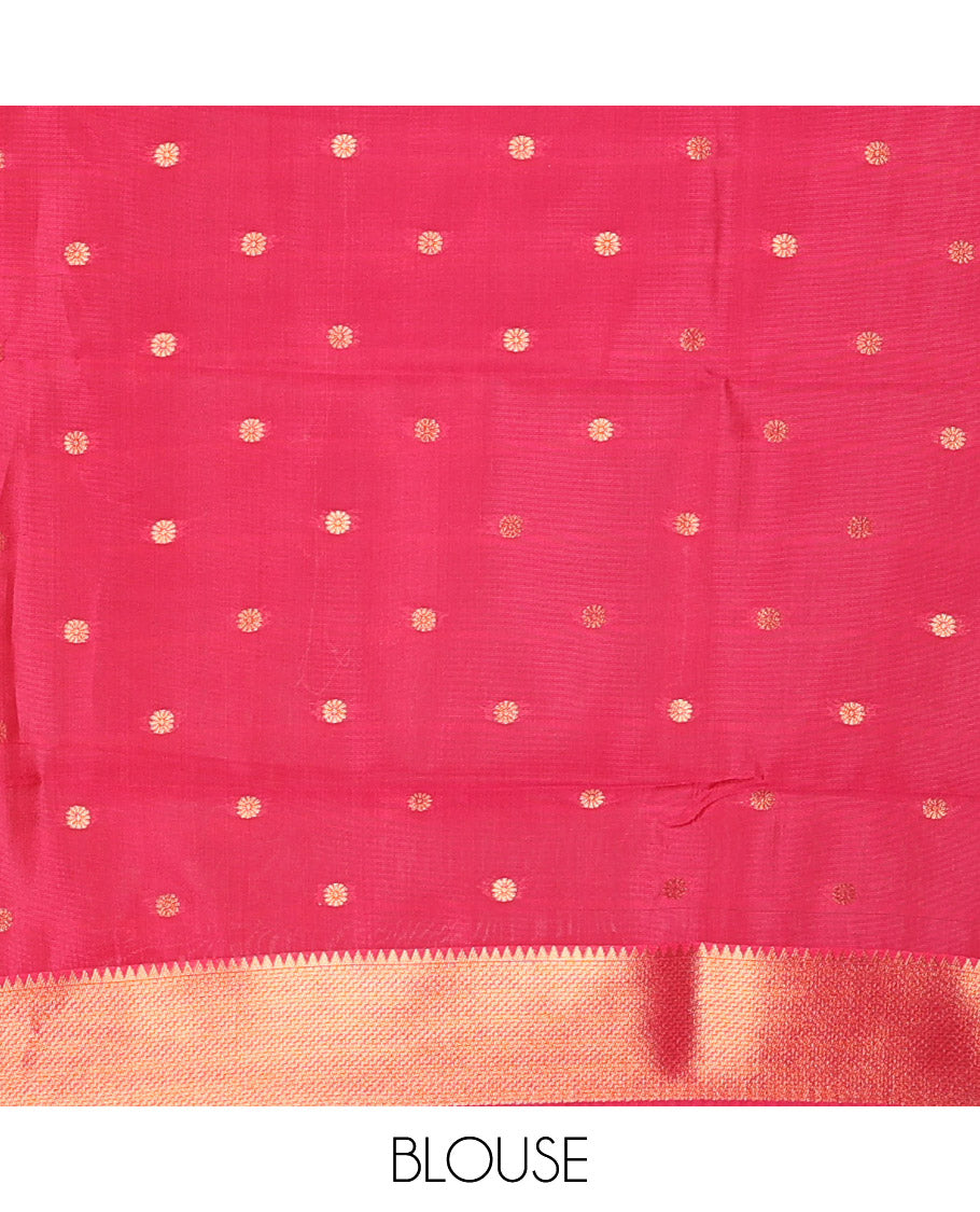 Pink Litchi Saree, Graced with Half-And-Half and Zari Buttas, Contrast Traditional Zari Border, Grand Pallu, and a Contrast Blouse