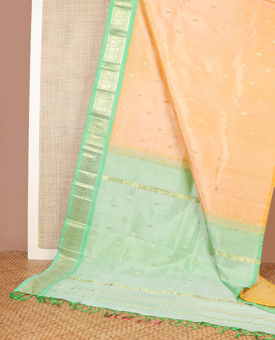 Orange zari buttas Kanchipuram silk saree, contrast one-sided border of thilakam mokku,banaras & floral designs & zari design pallu
