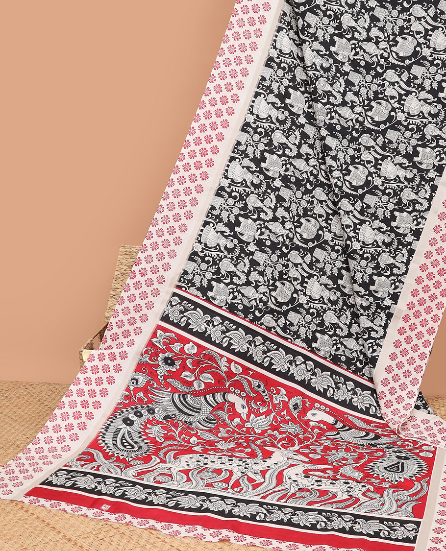 Black kalamkari printed design dola soft silk saree with contrast printed design border & kalamkari design pallu along with all over block printed blouse