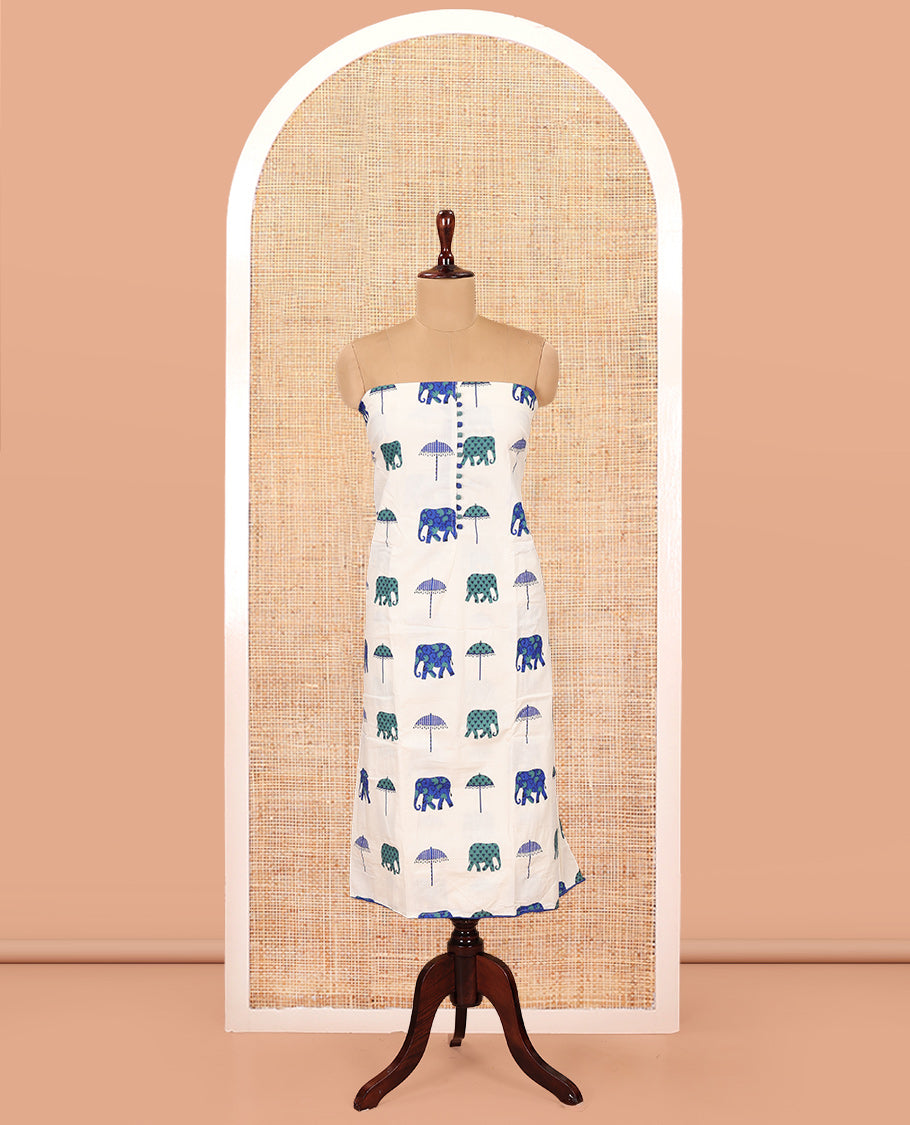 Cream-Blue Material Chudidar Features an Elephant-Umbrella Printed Top, a Contrast Bottom, Contrast Bordered Dupatta