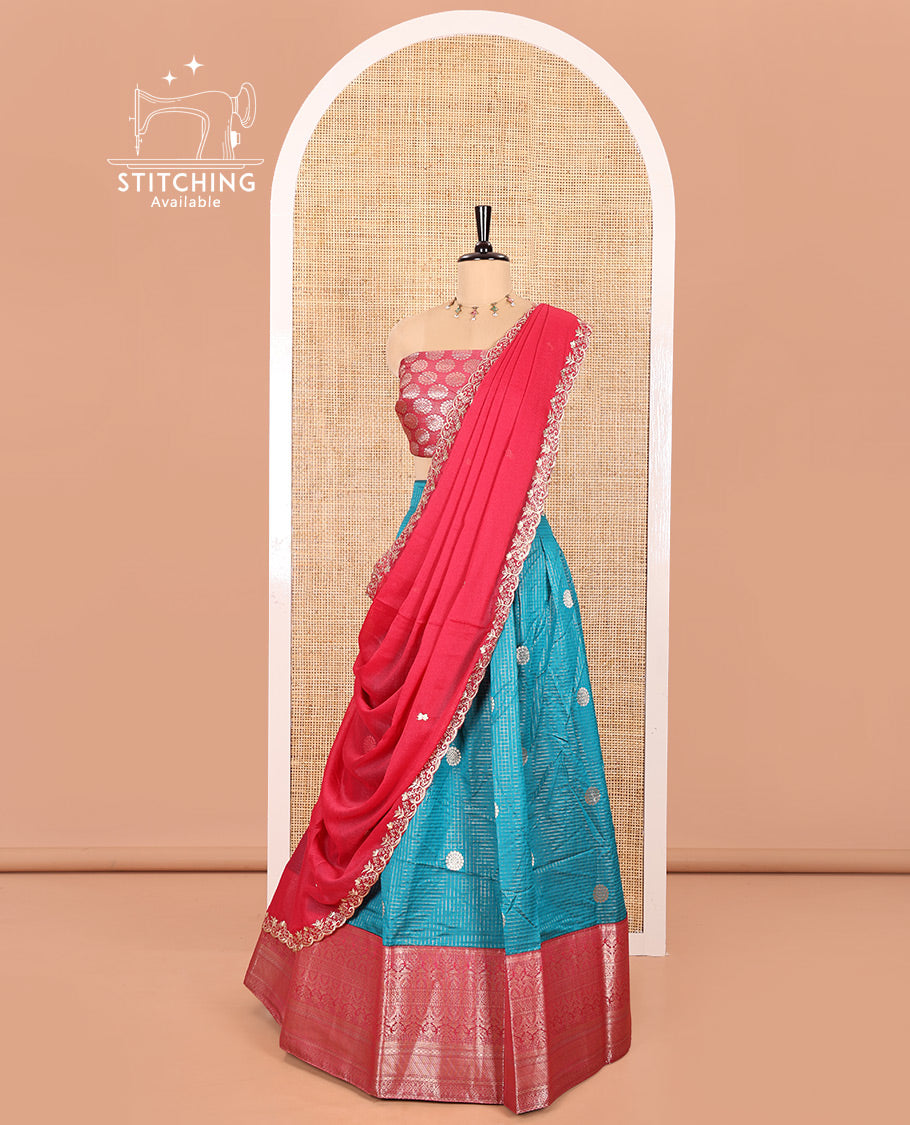 Rama Blue and Rani Pink Banarasi Silk Half-Saree Featuring Micro-Checks and Chakram Buttas Woven Skirt, Complemented by Contrast Traditional Zari Design Border, Paired with a Jacquard Blouse, and a Rangoli Georgette Embroidered Dhavani