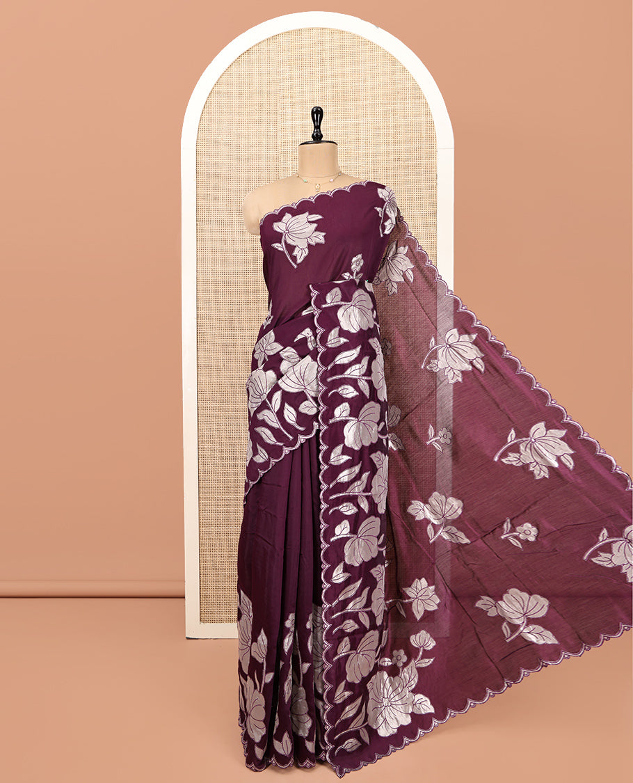 Purple Designer Saree, Beautifully Bedecked with Floral Embroidery, Scallop Border, and Matching Blouse