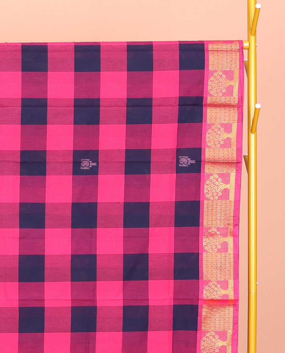 Blue-Pink Chettinad Cotton Saree, Decked Up with Buttas and Checks, Highlighted by Tree Motifs Zari Border, Pallu of Stripes and Buttas, and No Blouse