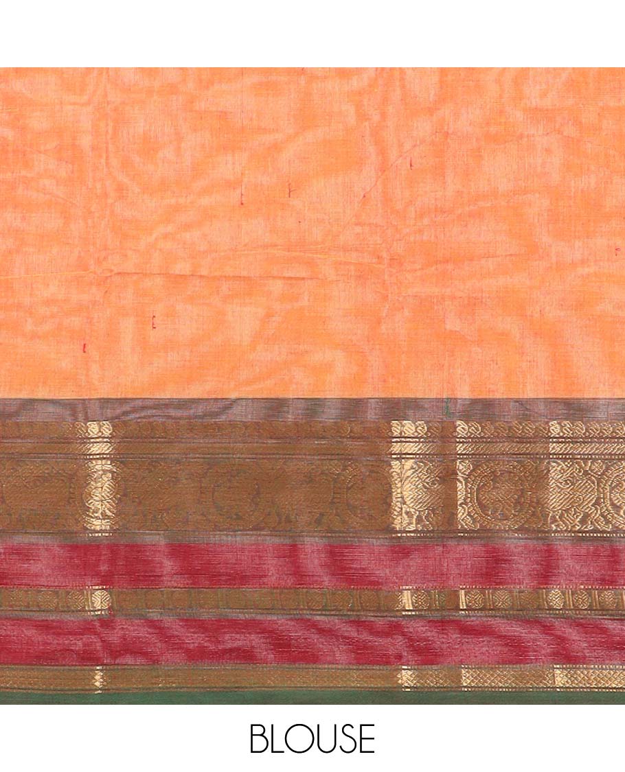 Light orange chettinad cotton saree with contrast traditional zari design border & striped pallu
