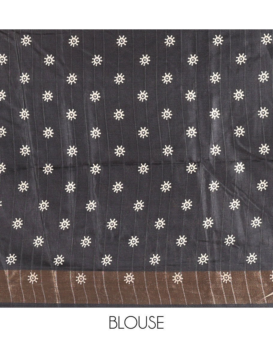 Blue Katan Silk Saree, Detailed with Batik Print, a Contrast Kantha Work Border, Pallu of Floral Print and Kantha Work, and a Contrast Blouse