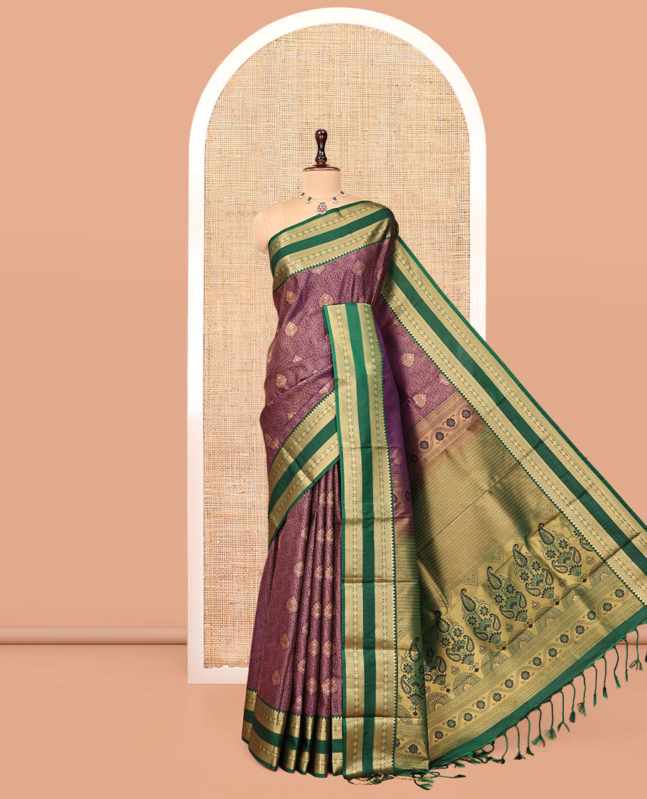 Purple Budget Silk Saree, Enriched with Zari Designs, Complemented by Contrast Traditional Rettai Pettu Border, Intricately Designed Pallu, and a Contrast Blouse