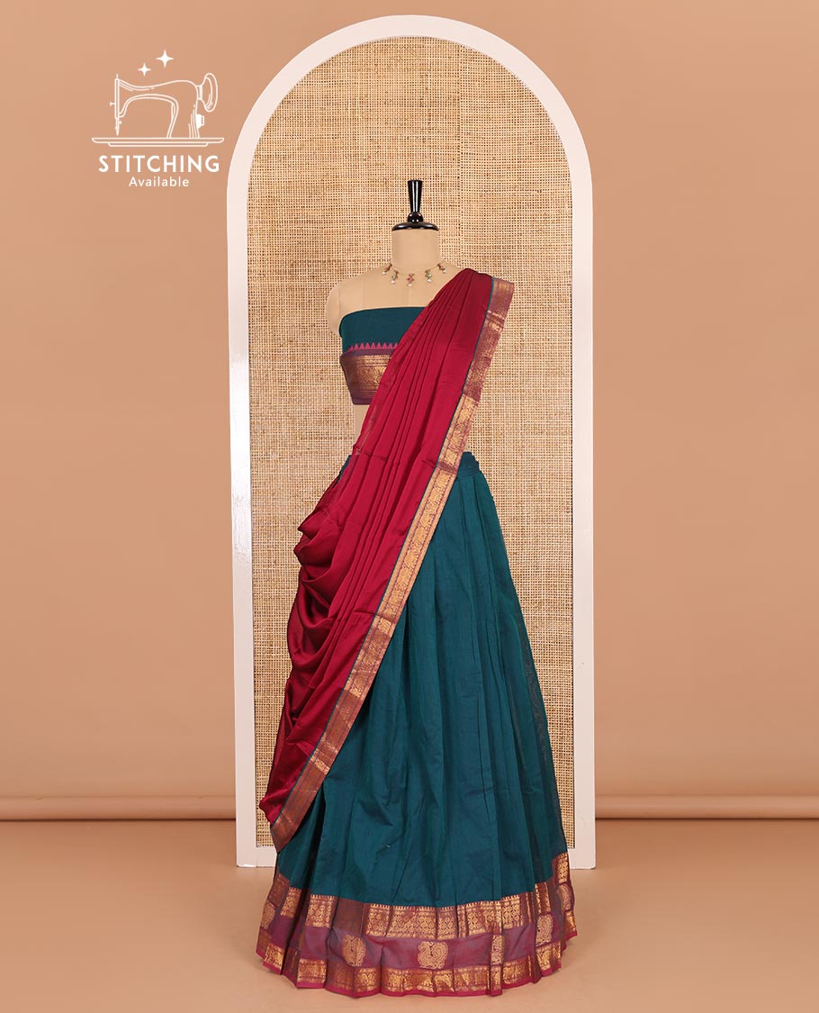 Peacock-magenta sungudi cotton half-saree, plain with contrast traditional zari peacock motif bordered skirt, matching blouse, and a zari bordered dhavani