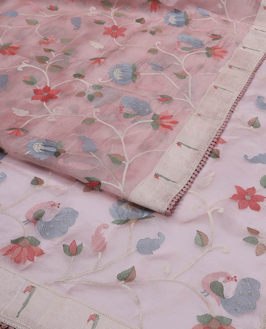 Light pink floral embroidery organza saree with self motifs border