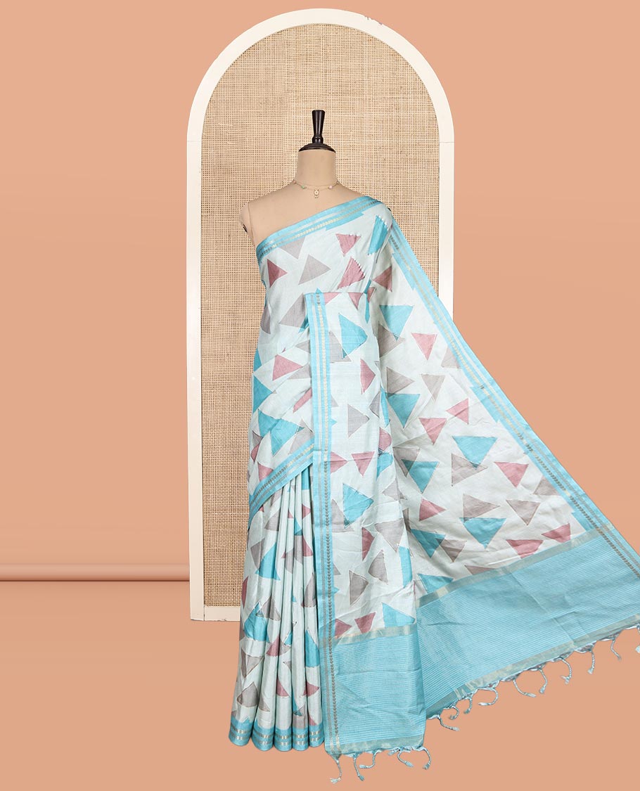 Sky Blue Fancy Tussar Silk Saree Features Triangle Motifs, Zari Border, Striped Pallu, Matching Blouse