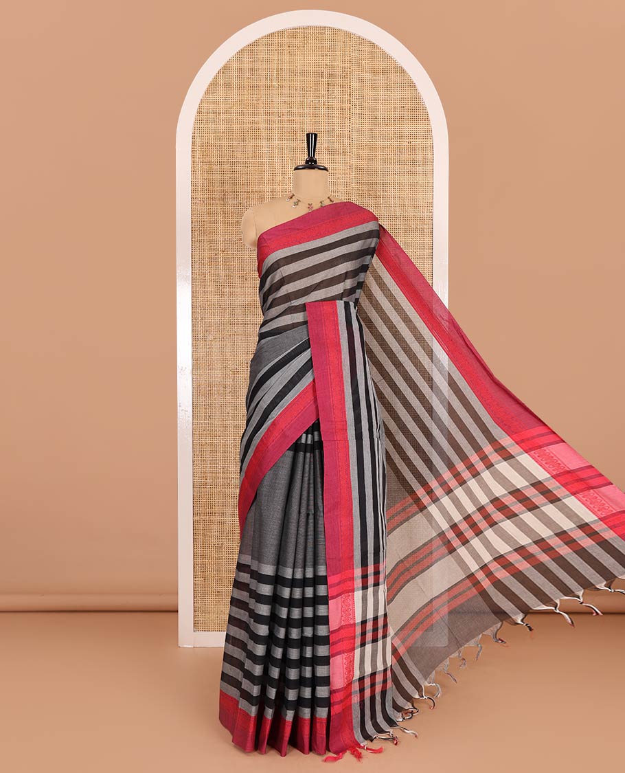 Grey and pink stripes and plain Mangalagiri cotton saree, contrast plain border, striped pallu, and a contrast horizontal striped blouse