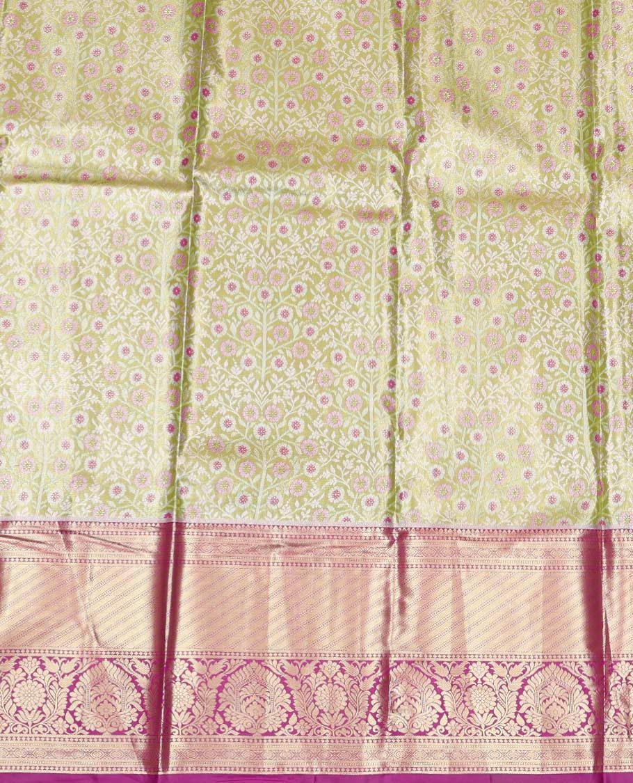 Green Art Silk Material Half Saree Set, Finely Crafted with Floral Jacquard Design Skirt, a Contrast Traditional Zari Design Border, Contrast Zari-Jacquard Blouse, and a Dhavani of Floral Designs