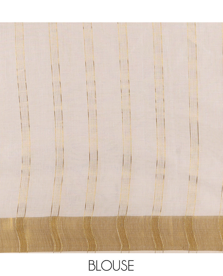 Cream Kerala Cotton Saree, Adorned with Zari Stripes and Floral Print, Highlighted by Zari Border, Printed Pallu and a Matching Blouse