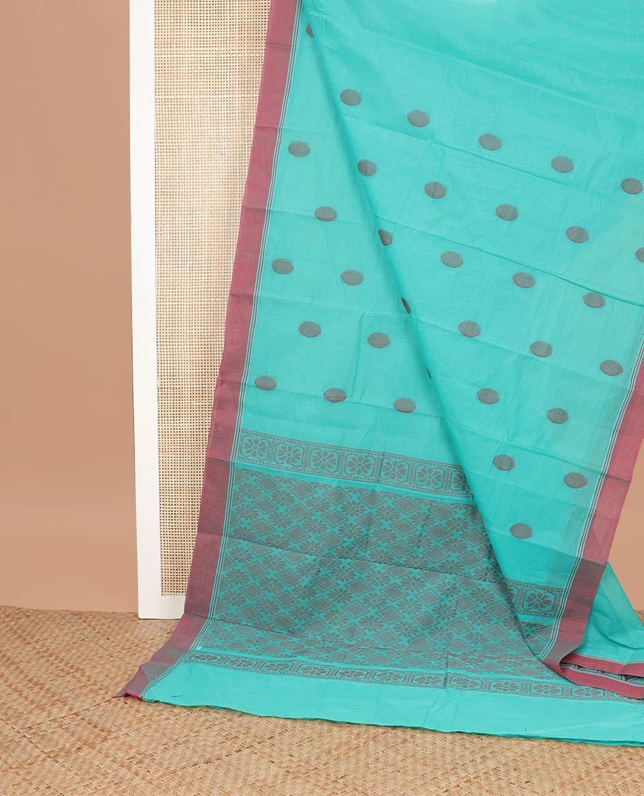 Blue motifs kanchi cotton saree with contrast border & argyle design pallu