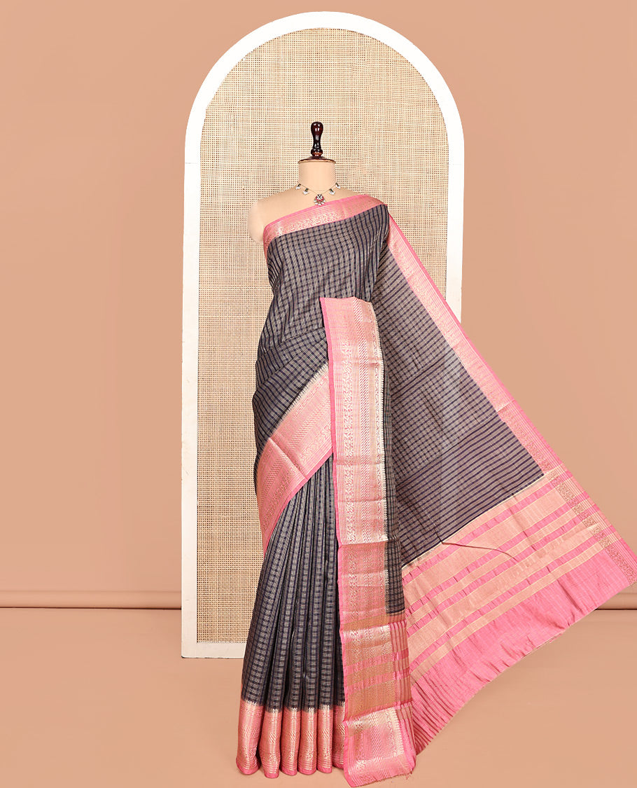 Dark Blue Semi-Banarasi Dupion Saree, Finely Crafted with Zari Checks, a Contrast Traditional Zari Design Border, Striped Pallu, and a Contrast Blouse