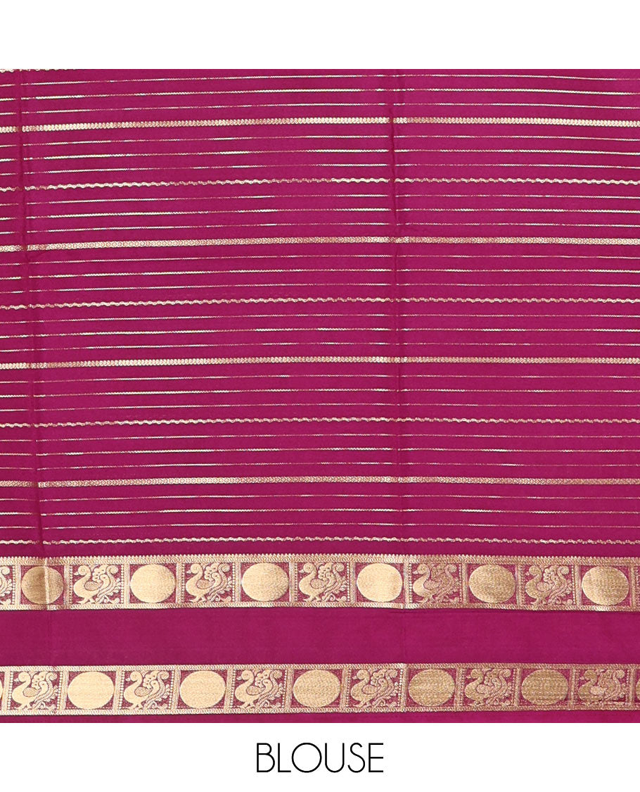Orange gold zari design art crepe saree, contrast rettai pettu, peacock chakram zari border, zari-rich pallu, and a contrast zari design blouse