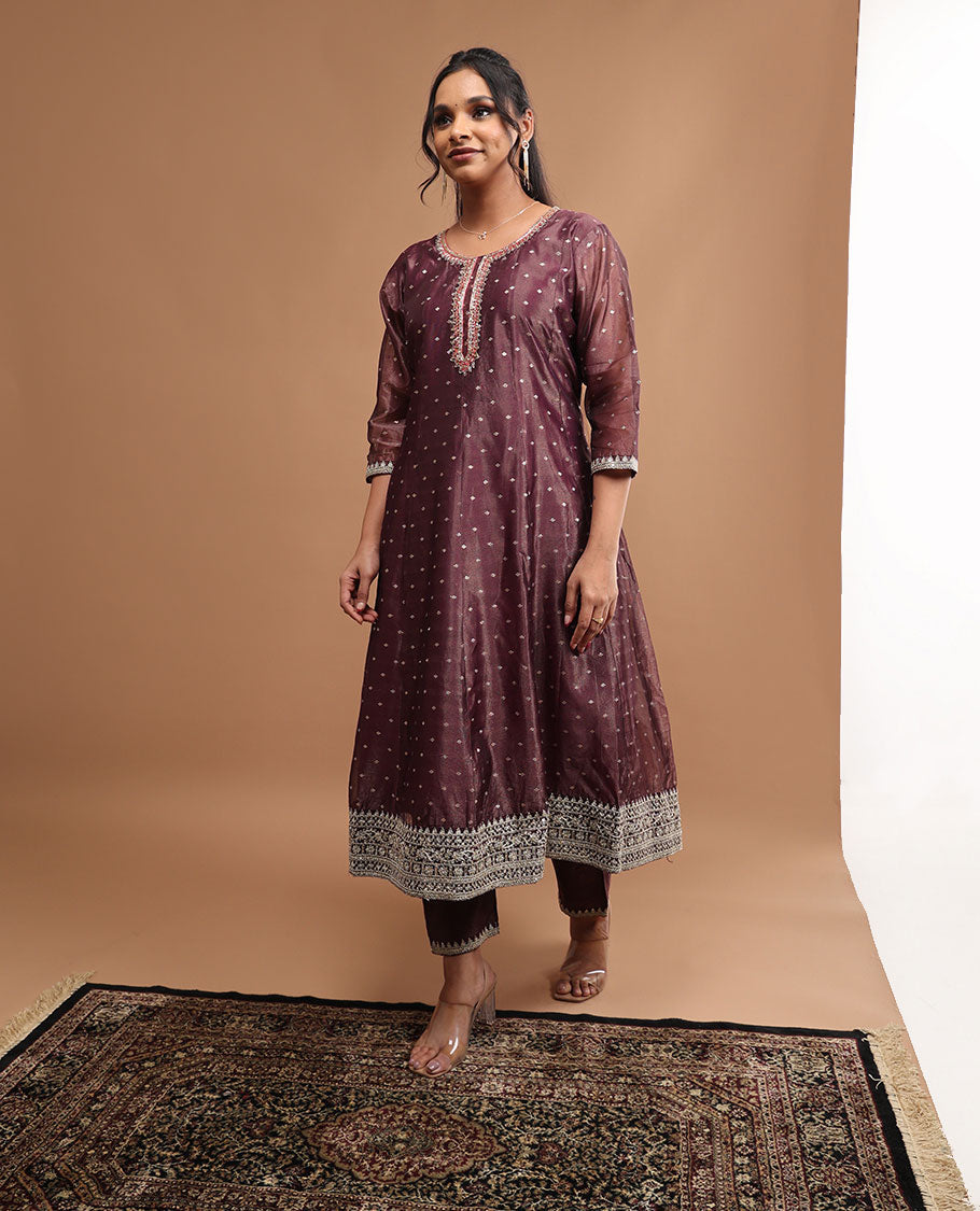 Violet floral embroidered round neck, 3/4 th sleeve,below knee lenght top with straight pants & floral printed dupatta