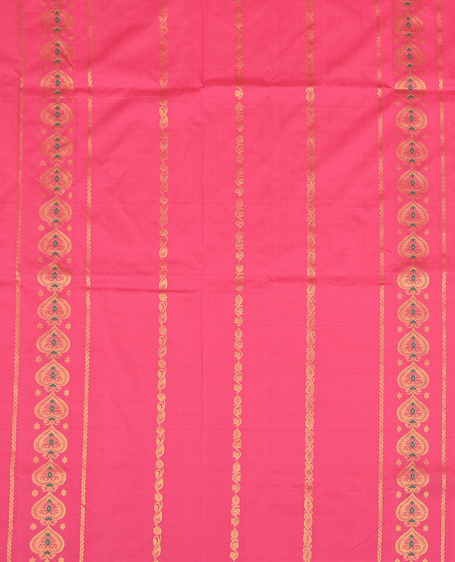 Pink Art Silk Pavadai Material Set, Richly Detailed with Zari Designs on Its Skirt, Complemented by a Contrast Traditional Zari Border, and a Matching Blouse