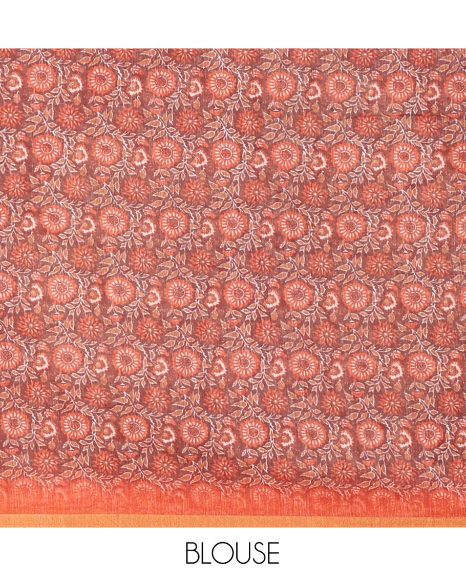 Rust Linen Cotton Saree, Elevated with Floral Motifs Printed on Its Body, Subtle Piping Border, Complemented by a Contrast Floral Printed Blouse, and Paired with a Contrast Blouse