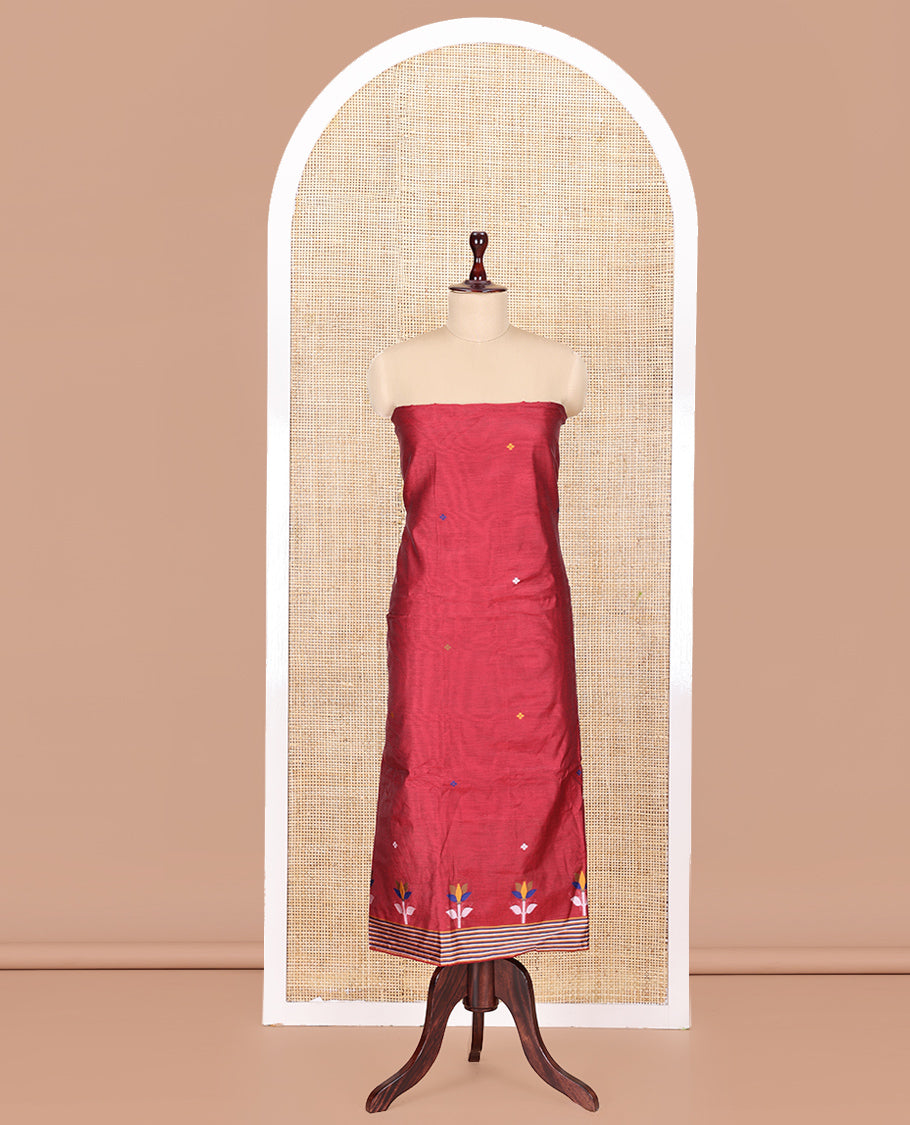 Maroon Mul Chanderi Material Churidar Features Jamdani-Style Meena Buttas Top, a Plain Bottom, and a Jamdani-Style Dupatta