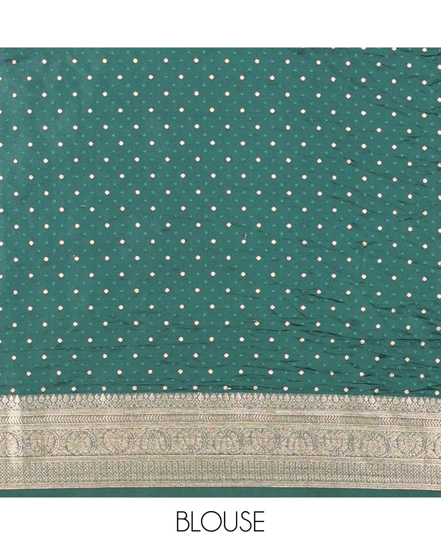 Bottle Green Semi-Banaras Satin Silk Saree, Beautified with Floral Zari Buttas Across Its Body, Highlighted by Traditional Zari Design Border, Grand Zari Woven Palu of Jaal Designs, and Paired with a Matching Blouse