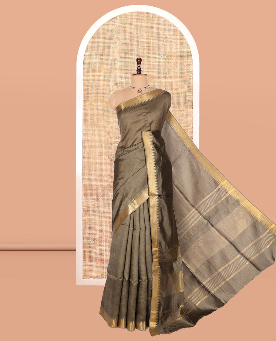 Brown Banana Pith Saree, Ornamented with Zari Buttas, a Zari Temple Border, Striped Pallu, and Matching Blouse