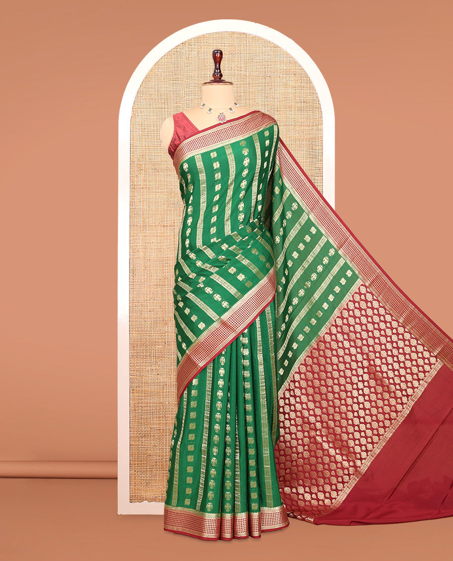 Green Mysore Silk Saree, Adorned with Peacock and Two-Headed Eagle Buttas, Complemented by a Contrast Traditional Zari Border, Intricate Pallu, and a Contrast Blouse
