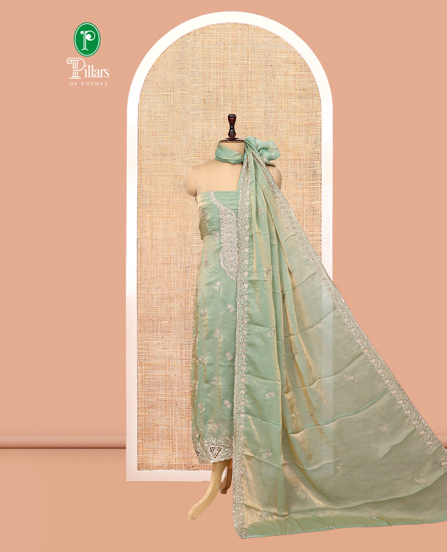 Pista Green Fendy Organza Material Chudidar Set, Adorned with Neck Embroidered Top, a Santoon Bottom, and a Embroidered Dupatta