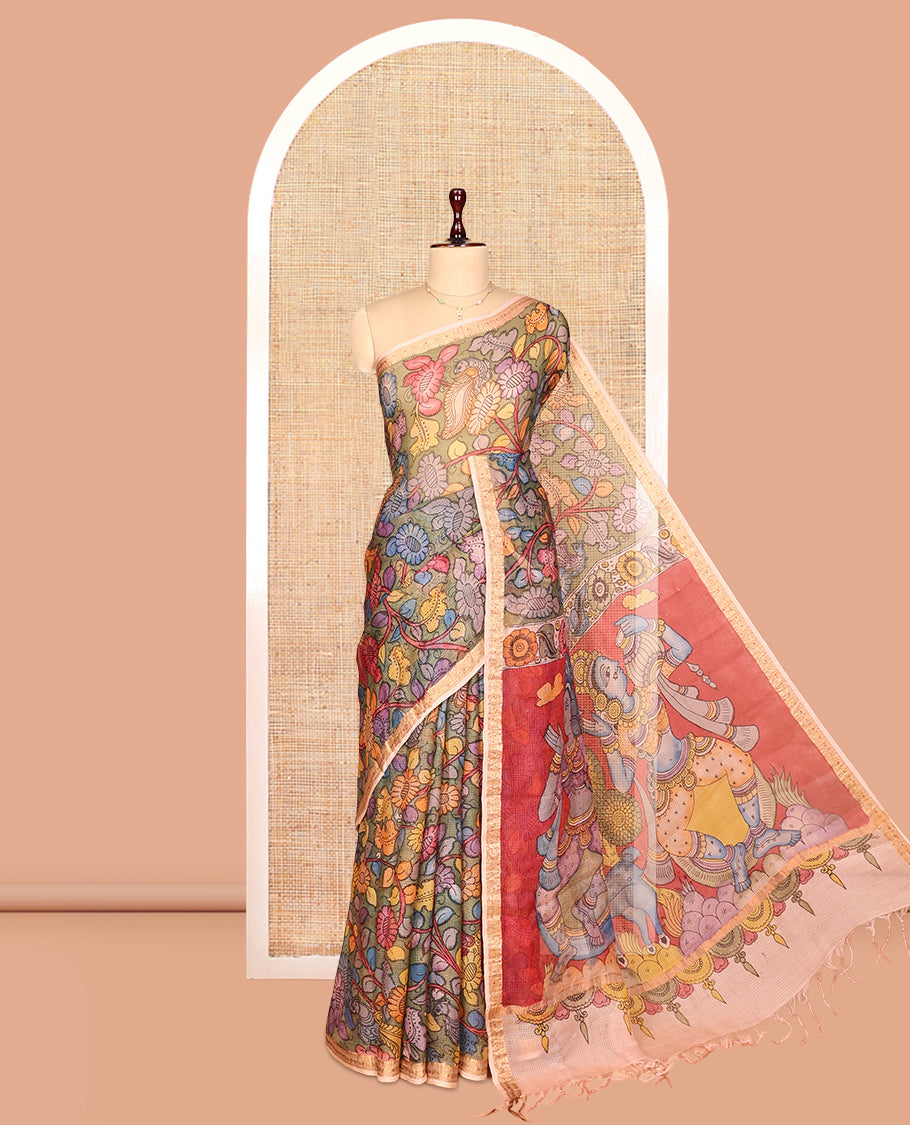 Grey Floral Vine Pen Kalamkari Silk Saree, a Contrast Zari Border, God Motif Pallu, a Contrast Blouse