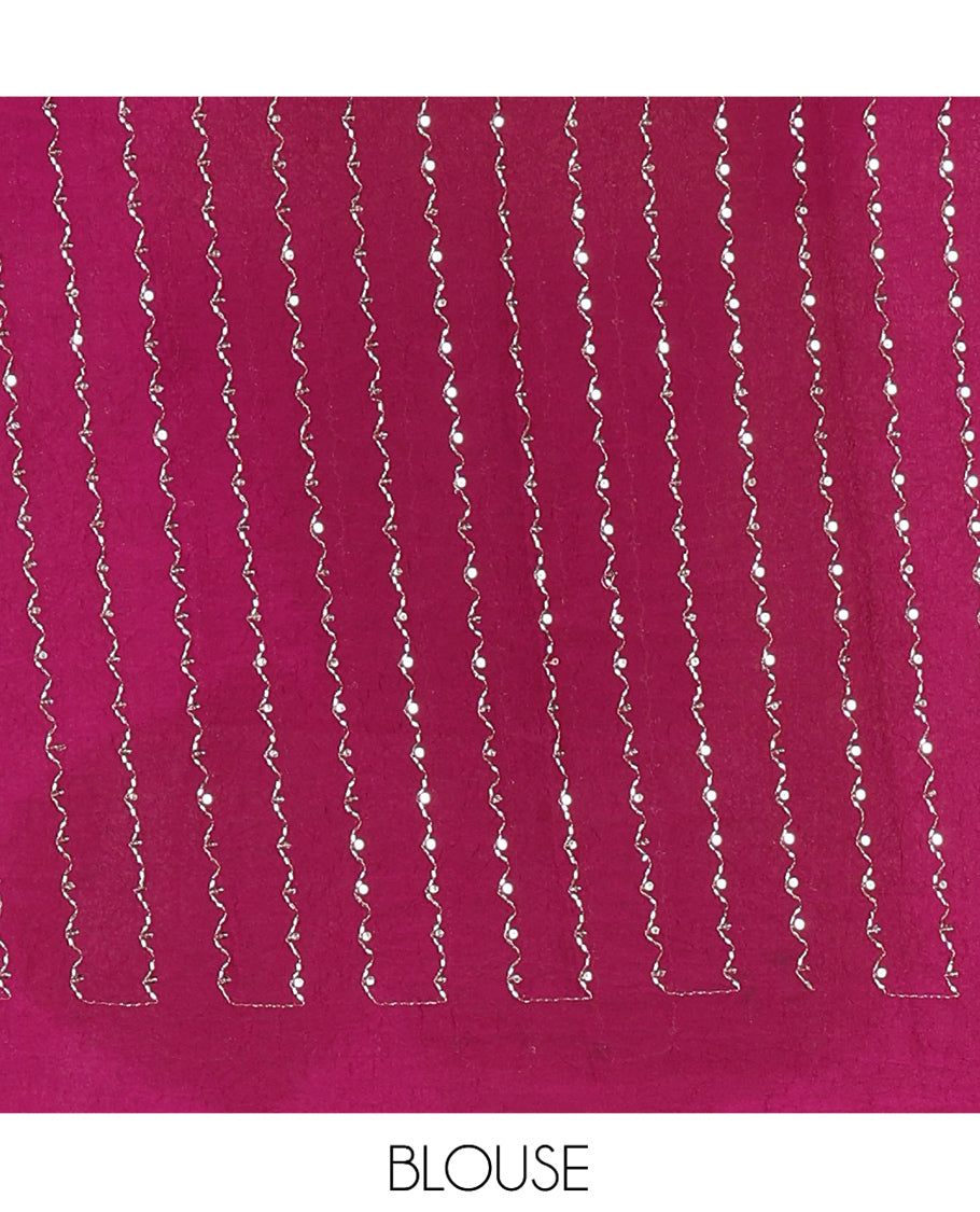 Borderless White-Purple Rangoli Chiffon Saree, Gleamed Up with Foil-Printed Leheriya Stripes, a Contrast Sequins Blouse