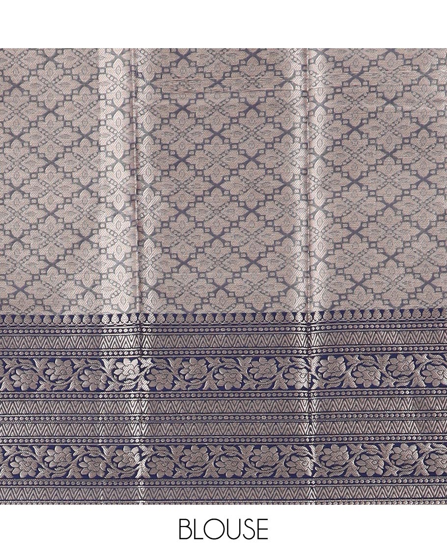 Grey striped floral semi tissue saree with contrast floral design border & zari design pallu