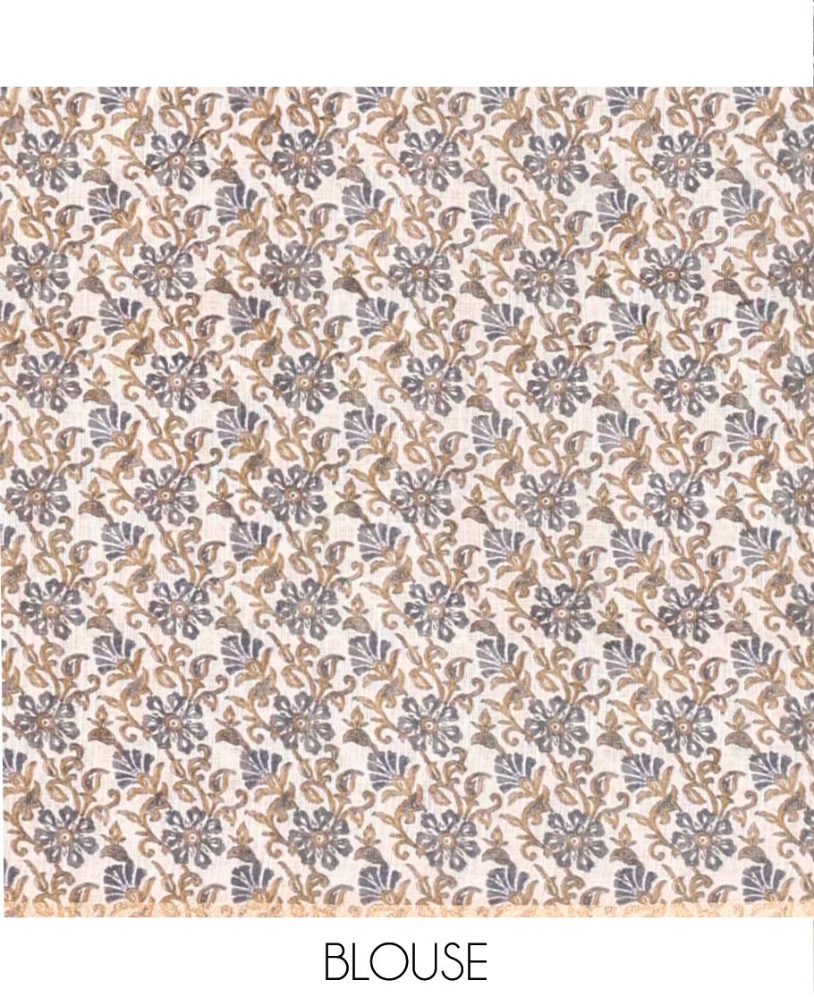 Borderless Navy Blue Linen Cotton Saree Accentuated with Shibori Prints, Complemented by Contrast Pallu Steeped with Floral Vine Print, and Paired with a Contrast Floral Printed Blouse