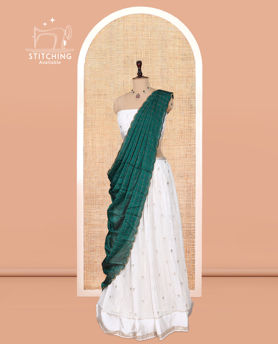 Cream-Green Viscose Georgette Half-saree, Buttas Skirt, Matching Blouse, Contrast Checked Dhavani