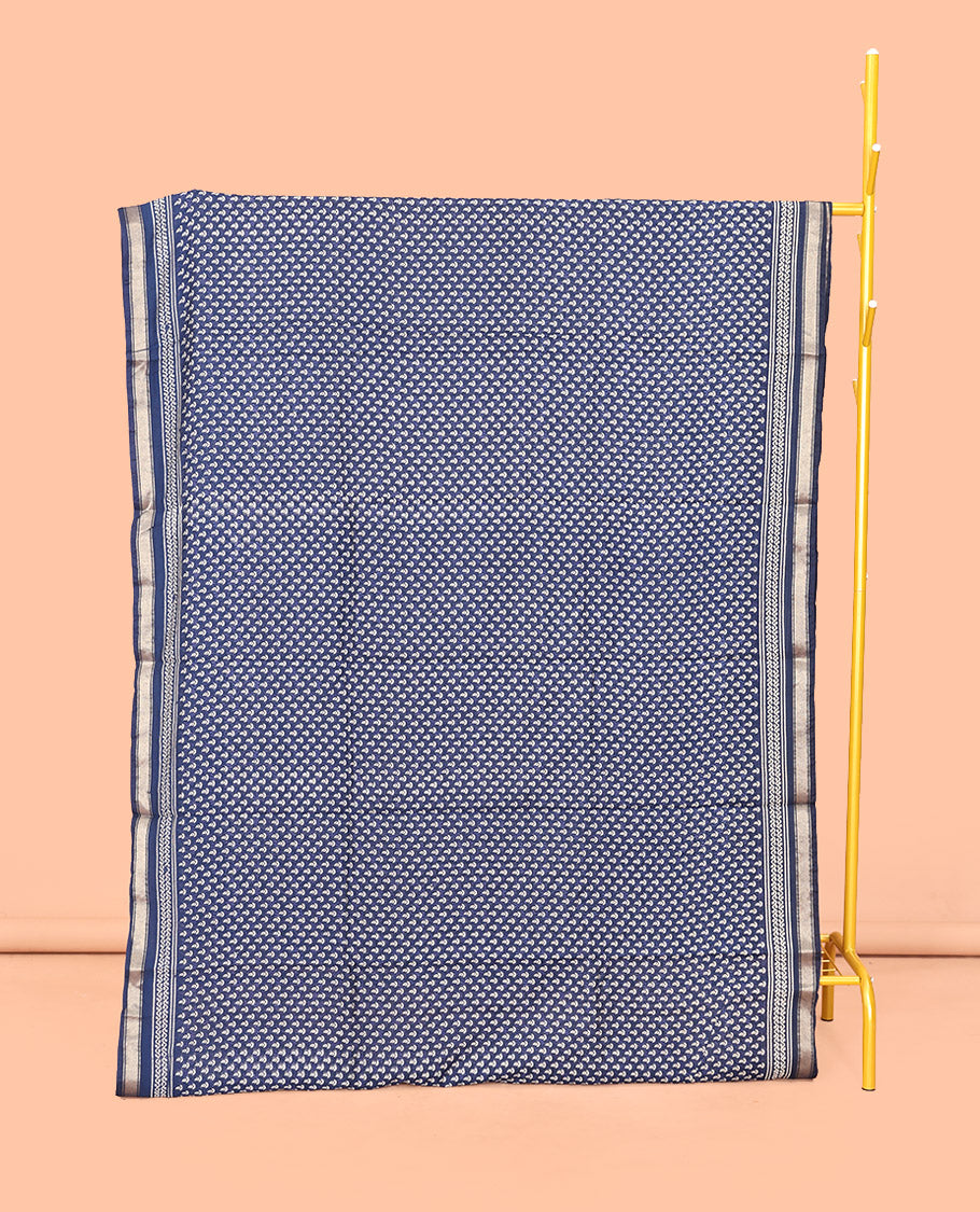 Blue Mul Mul Cotton Saree, Bedecked with Paisley Buttas, a Piping Border, Geometric-Printed Pallu, and a Matching Blouse
