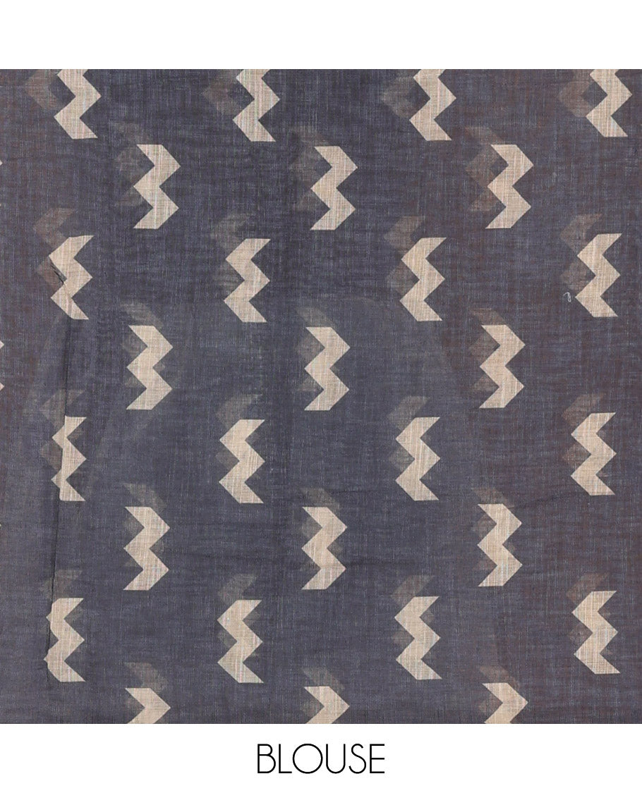 Borderless Pink Linen Cotton Saree, Uniquely Printed with Zig-Zag Geometric Motifs, Pallu Mirrors the Same Motifs, and Paired with a Contrast-Printed Blouse