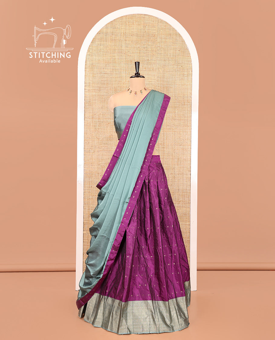 Purple-Grey Taffeta Silk Half-Saree Featuring Buttas Skirt, Contrast Border, Contrast Blouse, Contrast Plain Dhavani
