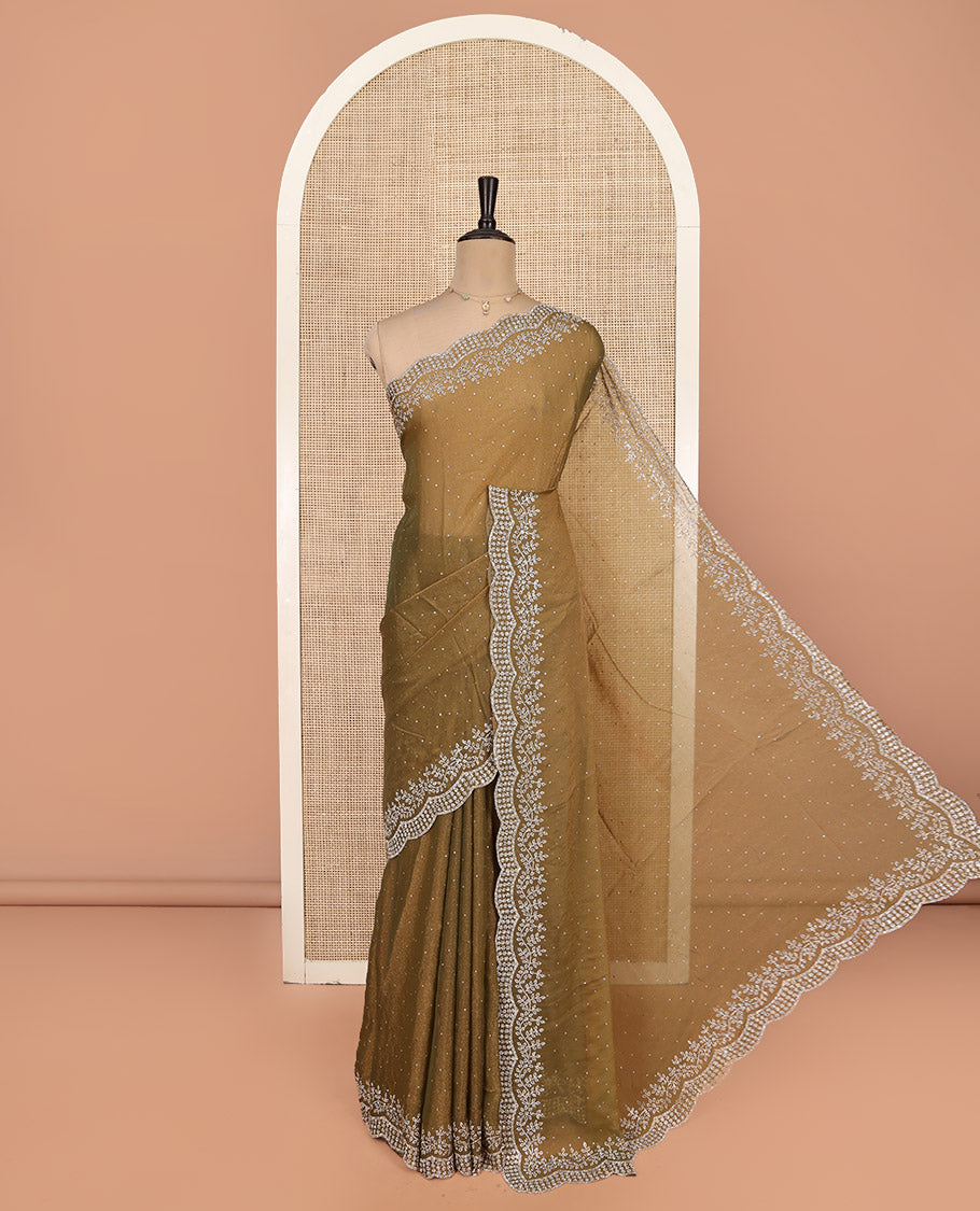 Mustard Designer Saree, Mesmerized with Stone Work, Scallop Stone Work Border, a Self-Pallu, and a Matching Blouse