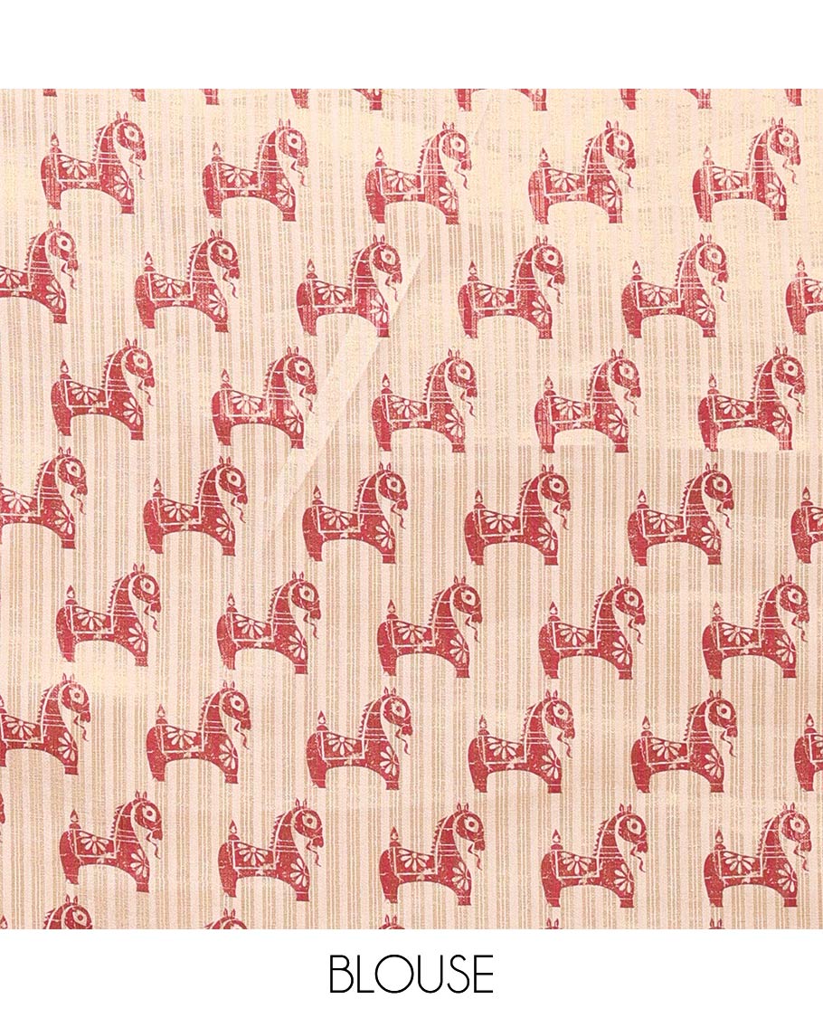 Maroon dobby-style buttas & checked printed semi-tussar saree, contrast Swadesh handblock printed scallop border & pallu features temple, horse & leaf vine motifs